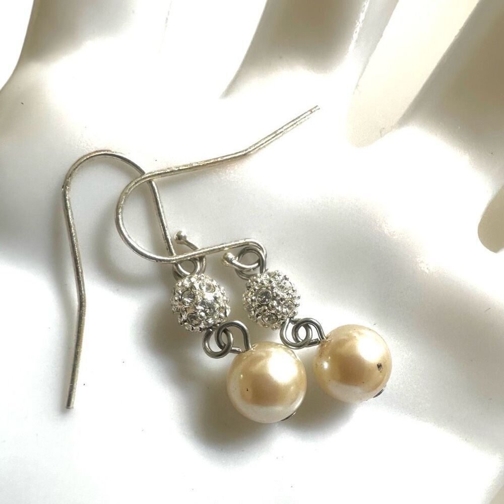 Faux pearl silver tone rhinestone drop earrings
